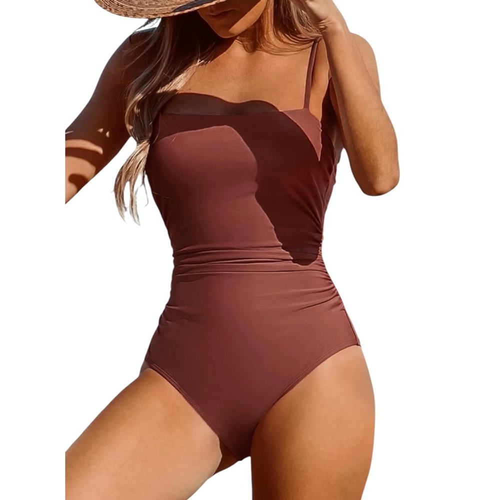 NEW CUPSHE Brown Ruched Square Neck One Piece Swimsuit Size Large Swimwear